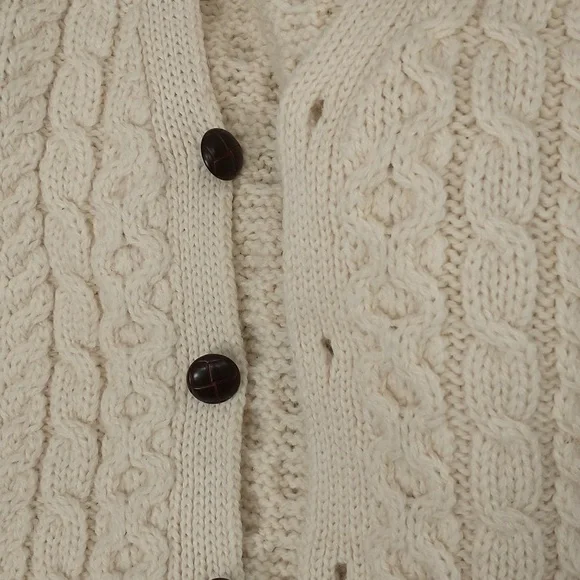 Soft Irish Wool LL Bean Fisherman Cardigan Collarless Aran Knit Sweater Cream M